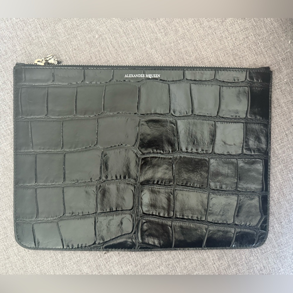 Alexander McQueen Black Croc-Embossed Envelope Bag